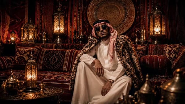 Scene & Mood: Cinematic luxury portrait in a warm amber Arabian lounge. Calm, powerful, mysteri…