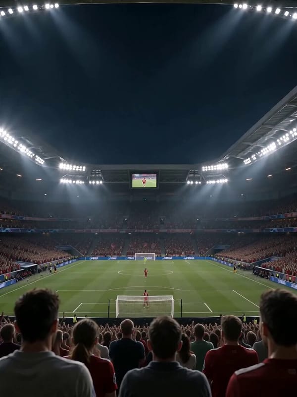 Create a cinematic animated football penalty shot scene in a realistic sports stadium. A tense…