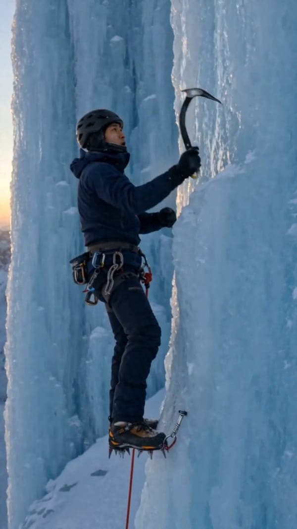 15-second vertical 9:16 ultra-realistic cinematic ice-climbing sports video. Fast, intense, phy…
