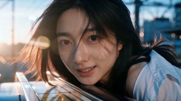 @image1(角色参考 — 完全按照该参考图呈现,不进行任何重新设计)年轻女性,黑色长发自然披肩,穿黑色背心搭配白色衬衫外套,气质清新自然,笑容温暖真实。 场景:日本电车站台,傍晚金色阳光…