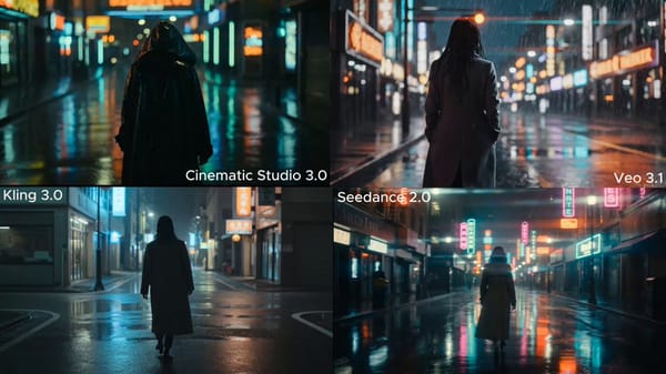 A lone woman in a long coat walking through a neon-lit street at night in the rain, slow cinematic… prompt example
