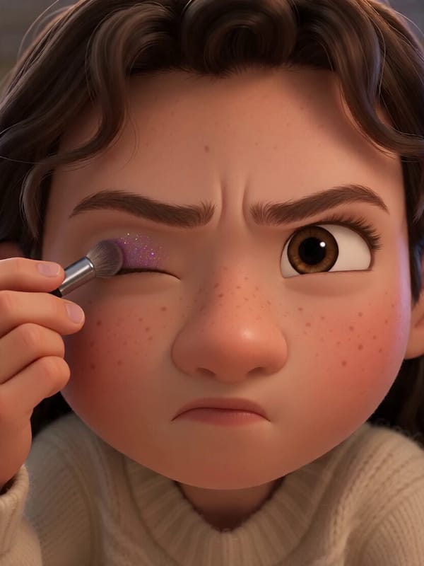 An animated young girl tries to apply makeup for a special dinner. She attempts two different l…
