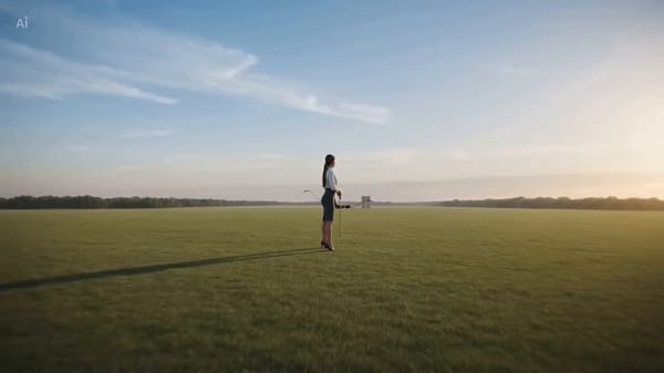 A woman in a lush green field releases an arrow. A never-ending nude-beige fabric flows from it…