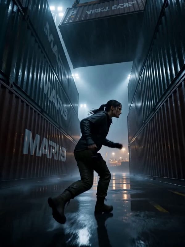Ultra-photorealistic cinematic 15-second action sequence from a grounded heist action film. Nig…