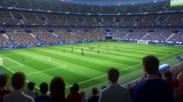A French superstar striker inspired by Kylian Mbappé, explosive speed, sharp golden eyes, blue…