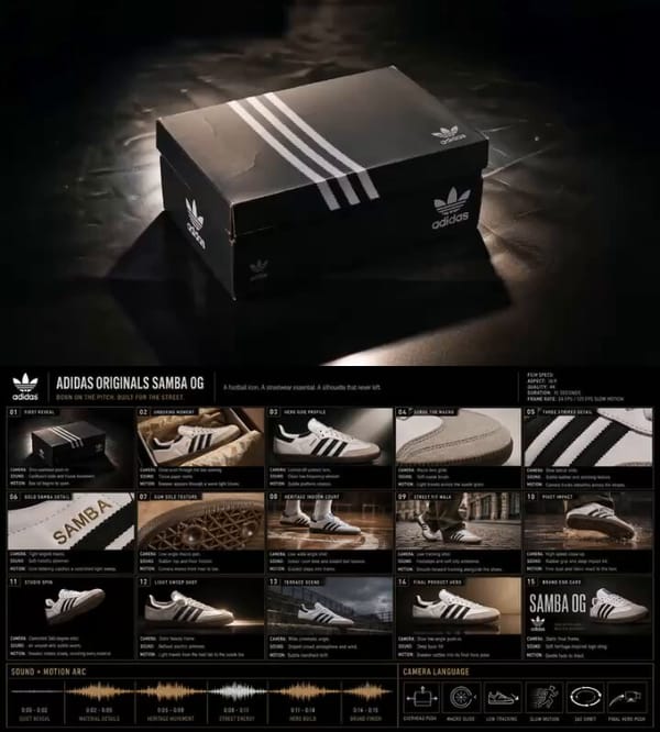 01 First Reveal Adidas Originals shoebox placed on a dark studio floor under a soft overhead sp…