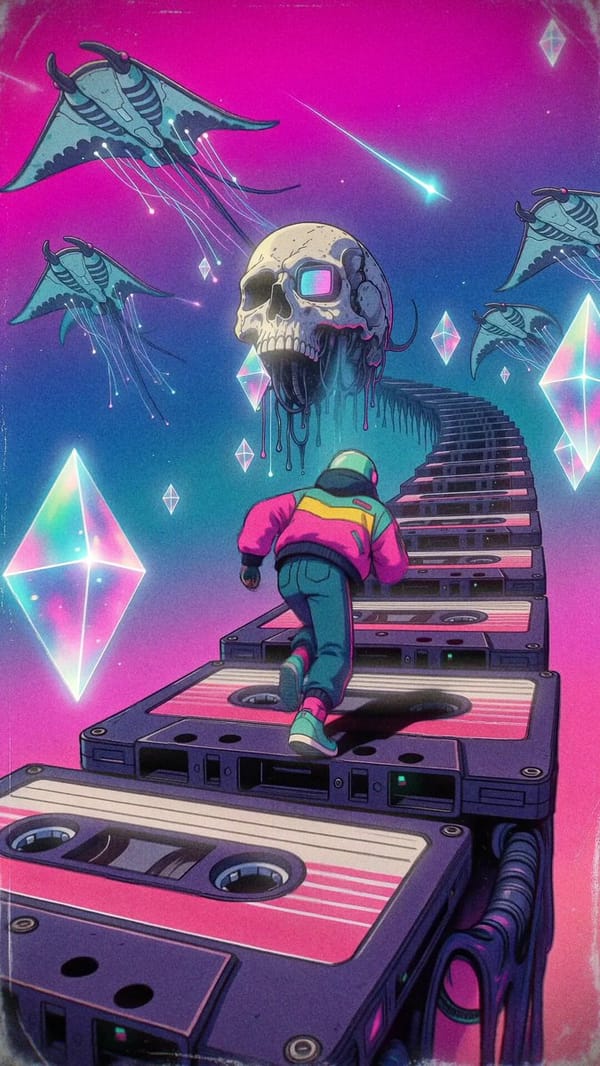 Single continuous low-angle drone shot, no cuts. Retro vaporwave anime illustration matching >>…