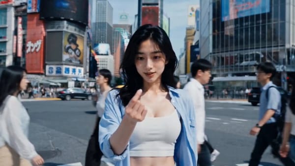 @image1(完全按照该参考图呈现,不进行任何重新设计)年轻女性,黑色长发,浅蓝色衬衫外搭白色背心,牛仔短裤。 场景:涩谷十字路口,正午时分,人潮川流不息,阳光明媚,巨大广告屏幕林立,车辆…