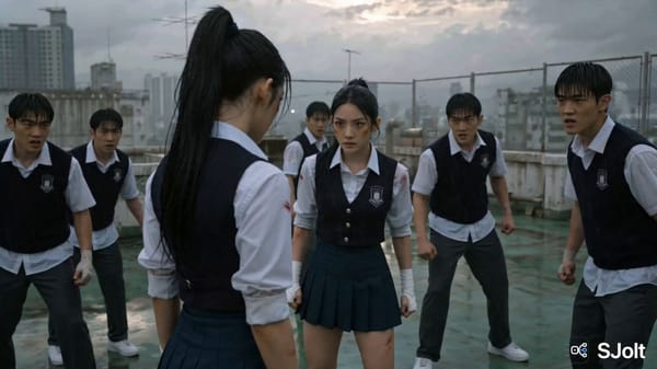 A cinematic, high-energy fight sequence on a rainy overcast rooftop in a Korean city, inspired…