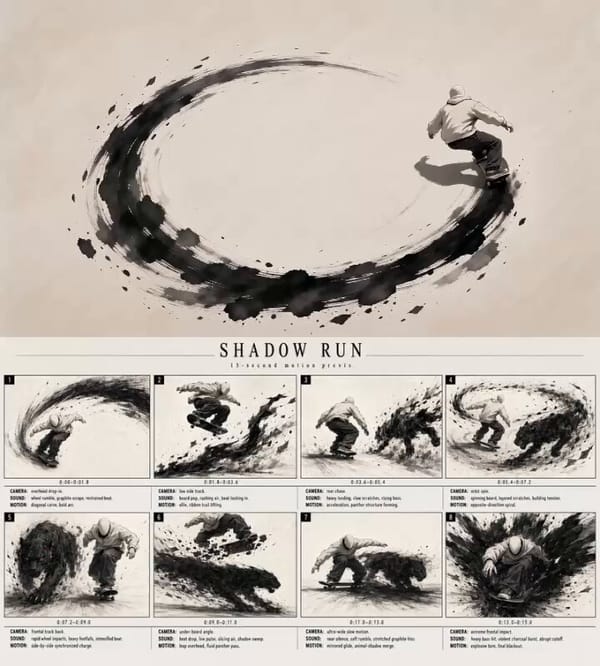Create a cinematic motion-previs board titled “SHADOW RUN.” Show 8 connected widescreen frames from… prompt example
