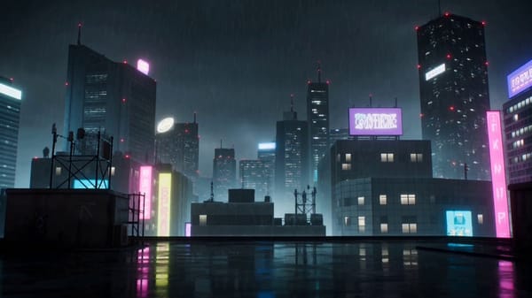 0–4s: Rain pours over a futuristic neon city rooftop at night. Two cyber-enhanced anime warrior…
