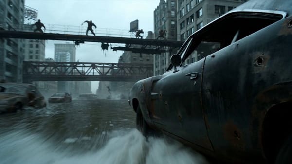 A desperate survivor driving a reinforced muscle car covered in spikes and bullet holes 0–4s: s…