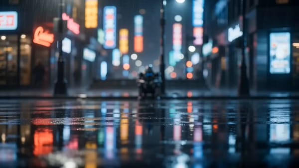 A cinematic, ultra-realistic 15-second video of a rainy urban street at night. A lonely humanoi…