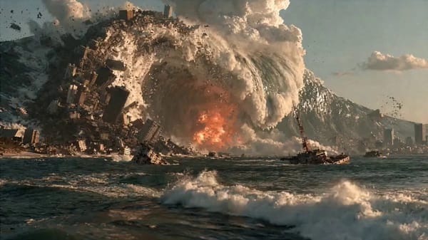 A surreal apocalyptic cinematic sequence where reality folds in on itself: a colossal tsunami curls… prompt example