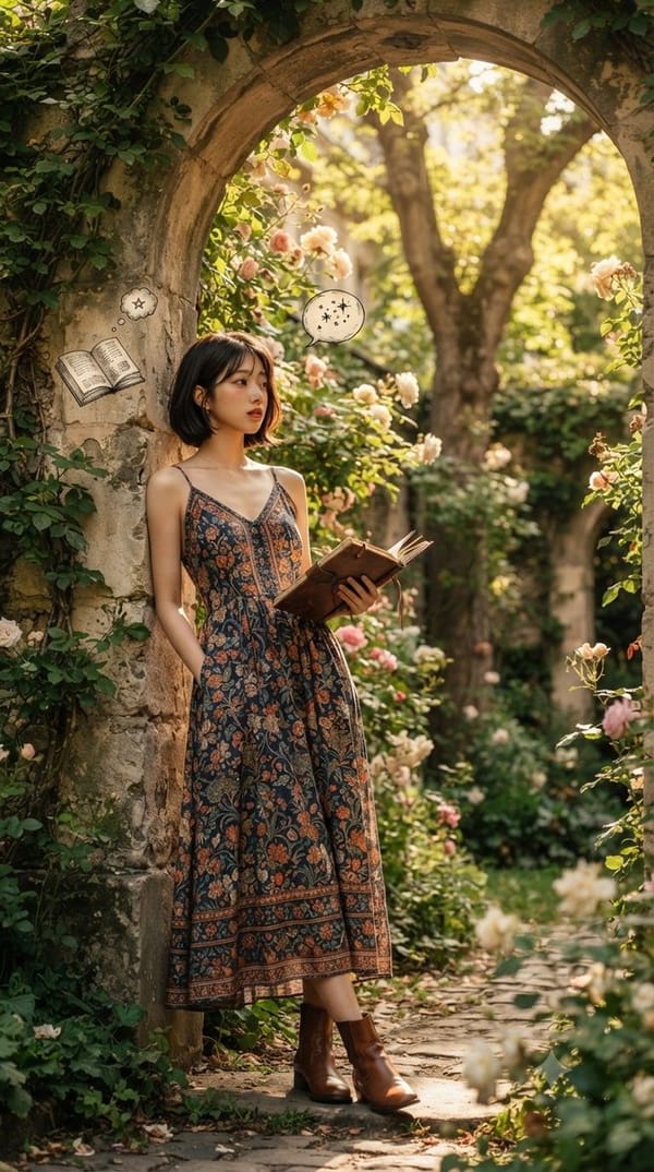 A serene literary escape amidst blooming garden ruins, where quiet pages meet timeless daydreams. S… prompt example