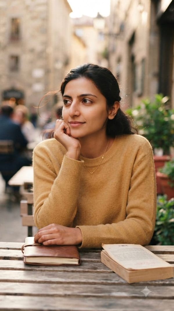 Cinematic medium shot of a thoughtful young woman seated at a rustic wooden table in a bustling Eur… prompt example