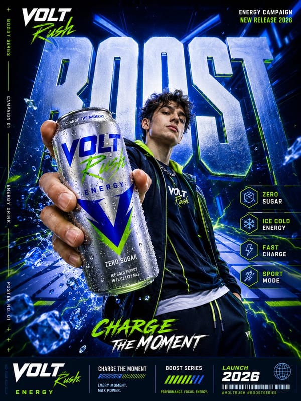 Create a vertical 3:4 commercial campaign poster for a fictional [Product Category] brand. prom…
