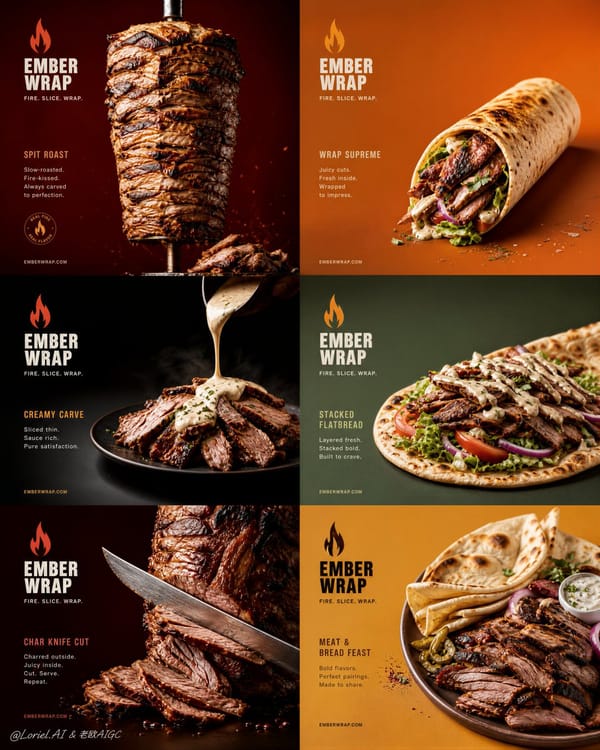 Create an ultra-premium 2x3 six-panel commercial poster for a fictional grilled-meat brand call…