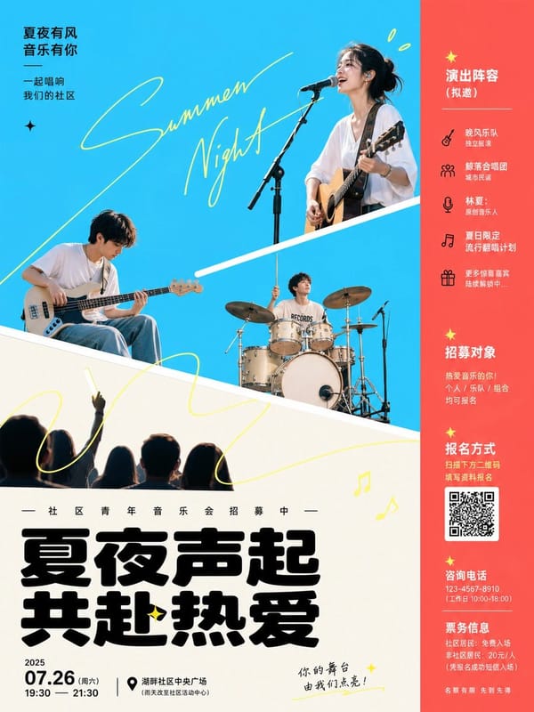 围绕[主题对象]，采用明亮洁净的演出式图文海报处理：画面以大面积高明度纯色平场建立第一眼冲击，主题派生的主色承担主要开放背景，辅助色以更深或更暖的饱和色压在一侧形成窄竖栏或底部承重块，浅亮色…