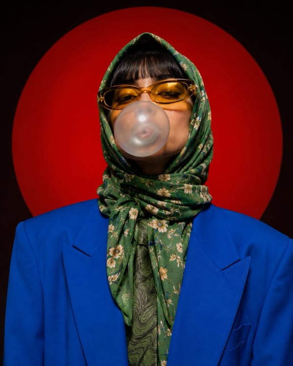 A stylized portrait photograph against a large red circular background. The subject wears a bright… prompt example