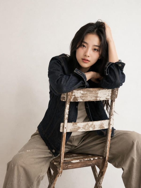 Create a restrained studio fashion portrait with an exact vertical aspect ratio of 736:981 in a…