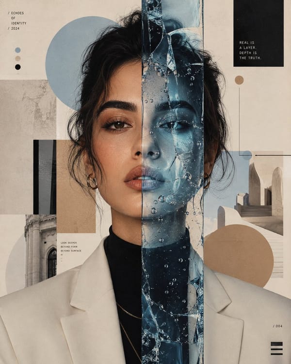 Create a museum-quality surreal editorial portrait of a striking young woman in a perfectly cen…