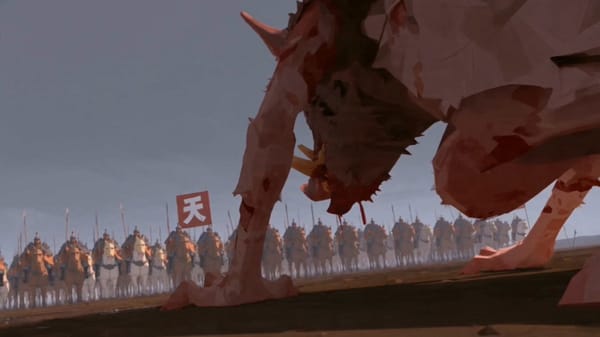 STYLE: Painterly digital matte-painting animation, faceted low-poly brushstroke forms, flat ang…