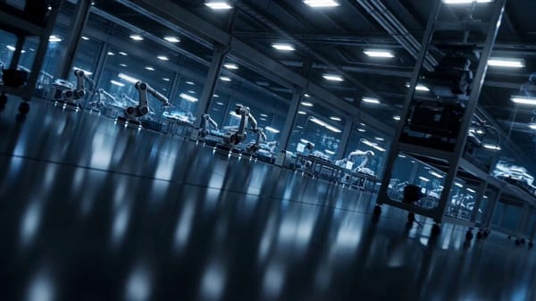 A cinematic view of a high-tech factory floor where advanced AI robotic arms work with precisio…