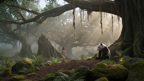 Bikin video cinematic ultra-photorealistic berdurasi 15 detik, berlatar hutan kuno yang benar-b…