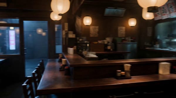 Create a highly realistic cinematic action sequence set inside a traditional Japanese ramen res…