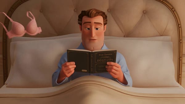 Create a 15-second hilarious animated sequence in the exact same warm, elegant 3D cartoon/Pixar…