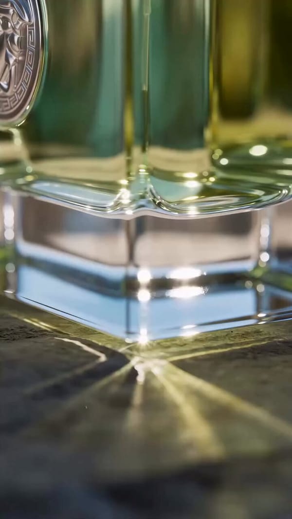 A cinematic 3D product commercial for a luxury fragrance set against a sun-drenched Mediterrane…