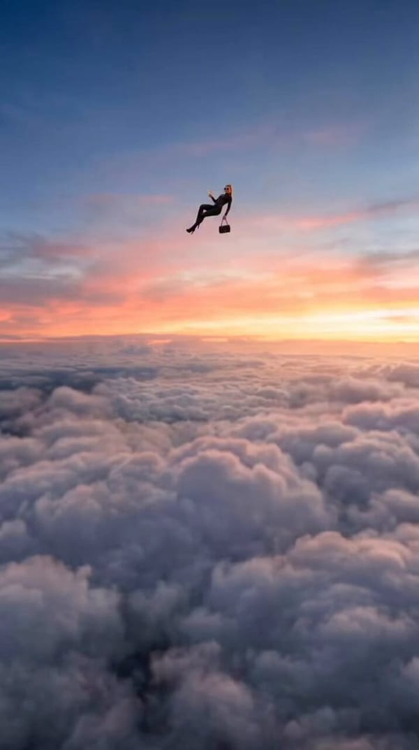 Continuous smooth push-in camera movement A stylish glamorous woman floating gracefully above a…