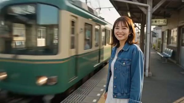 Main subject: Young Japanese woman, early 20s, very pretty, wearing an oversized vintage denim…