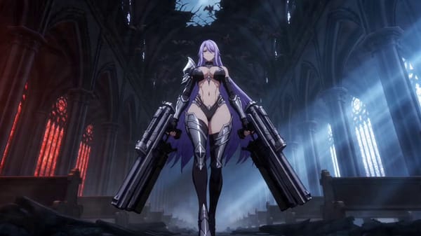 An adult demon huntress with long violet hair, a voluptuous athletic physique and form-fitting…