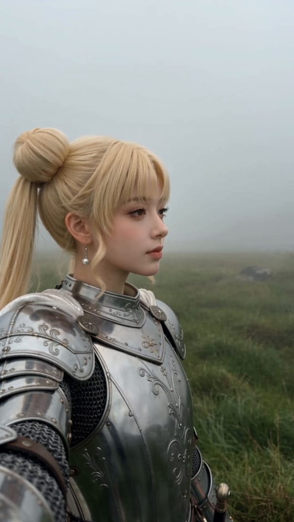 生成一段 10 秒、9:16 竖屏、真人写实、手机第一人称 POV、一镜到底 的短视频。 核心剧情： 一名身穿银白色重甲的年轻女骑士站在浓雾草原中。 她的 右手拿着手机进行自拍录像——摄影机…