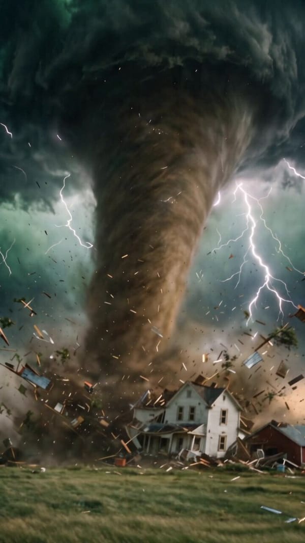 Image 1 (Text to Image): An armored storm-chasing truck bristling with sensors parked on a prai…