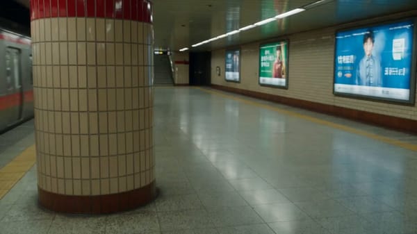 A dynamic, cinematic action scene set inside a underground subway station. A young East Asian w…
