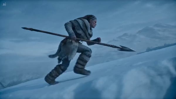 Cinematic 4K action sequence along a knife-edge mountain ridge in deep winter. A lean shaman in…