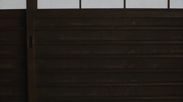 SCENE: Interior of an old wooden house, 16:9. Locked camera. A closed fusuma sliding door fills…