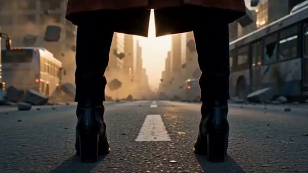 Ultra-realistic cinematic disaster scene in a modern city, a brave young woman in a dark brown…