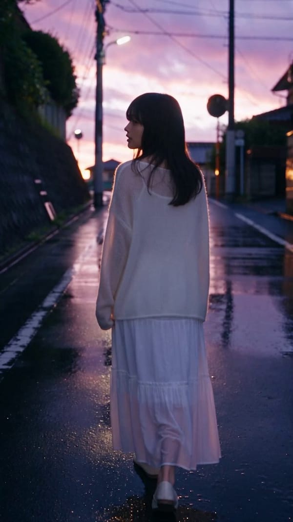 歌詞「夕立のあとの街の香り、二人で歩いた坂道… Be your light — そっと照らす」の世界観を映像化した、切なくも温かい15秒間のミュージックビデオ（MV）イメージ映像を作成せよ。…