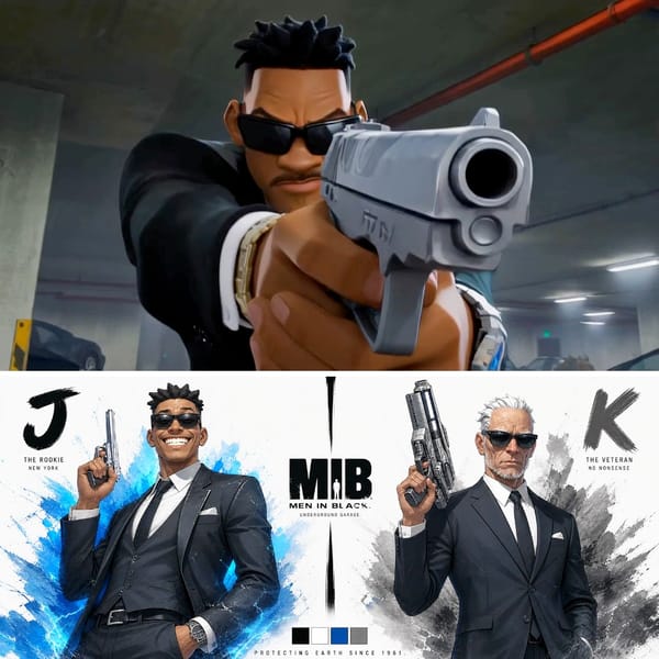 Create a premium cinematic VS character bible sheet for J vs K. Use uploaded character sheets a…
