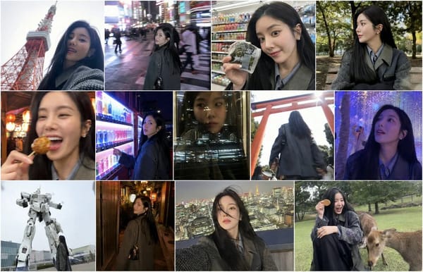 一位20岁出头的年轻韩国偶像风格女性。长发直顺，黑色，自然蓬松，肤如凝脂，大而明亮的灵动的眼睛，精致的V形脸，小巧的鼻子，自然光泽的嘴唇，清新的淡妆，毫不费力地可爱又平易近人的表情。休闲日式…