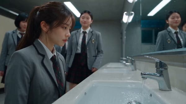 Cinematic realistic scene inside a modern school restroom, three teenage girls wearing matching…