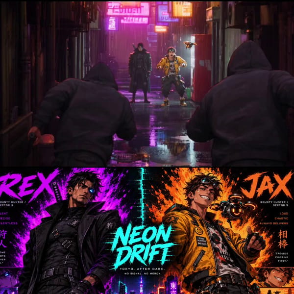 Cinematic anime short film clip, 15 seconds. Tokyo backstreet at night, neon signs everywhere,…