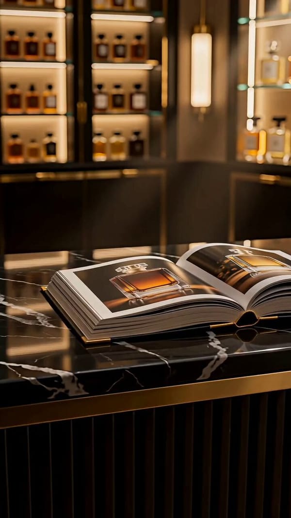 Create a premium cinematic luxury perfume advertisement set inside an elegant high-end fragranc…