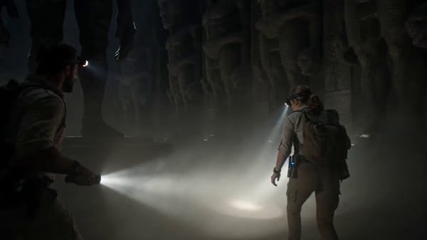 A hyper-realistic cinematic sci-fi suspense scene inside a vast ancient underground alien ruin.…
