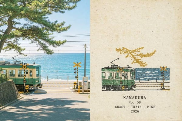 Create a premium vintage travel postcard/editorial poster inspired by the reference images. Use…