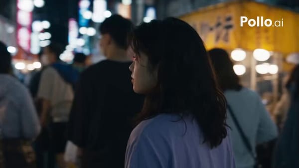 30-second continuous cinematic shot of @Image1 exploring a bustling night market. 00-07s: Handh…